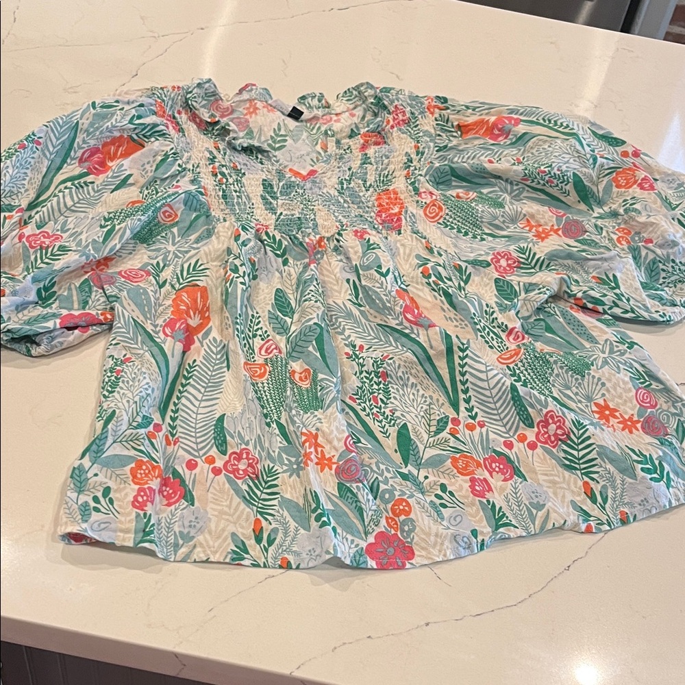 Boho Floral Puff-Sleeve Blouse - Green & Coral